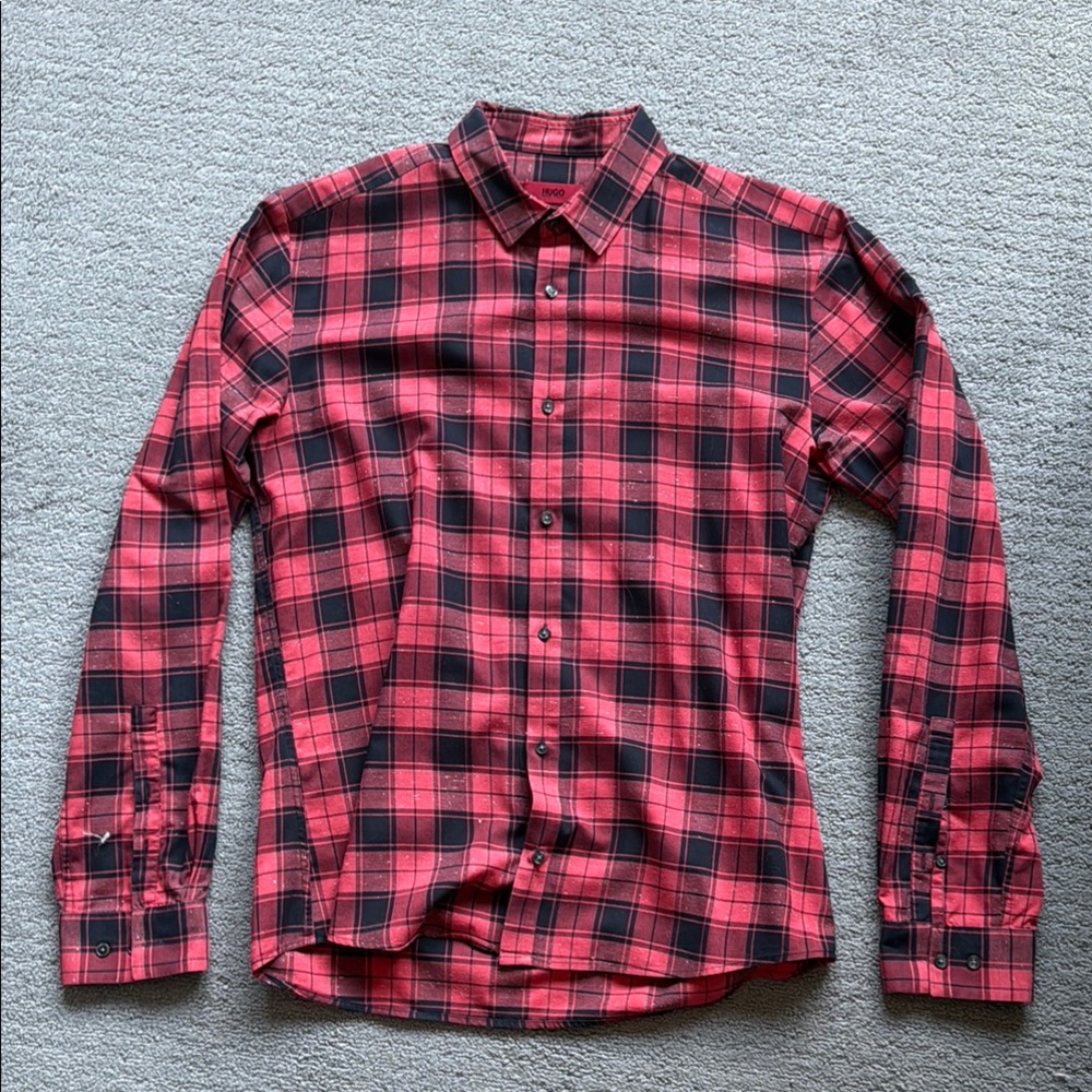 HUGO Red and Black Plaid Extra Slim Fit Men's Dress Shirt